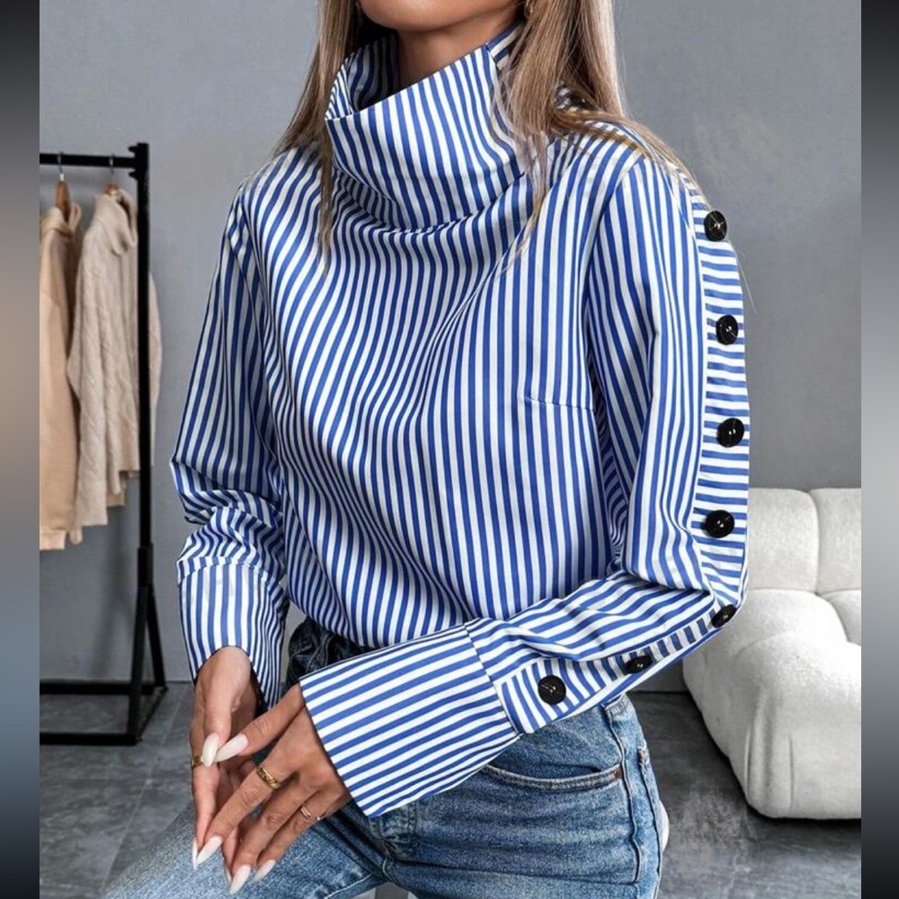 Blue & White Striped Button-Trim High Neck Shirt